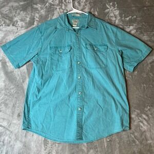 LL Bean Shirt Mens Large Teal Button Up Short Sleeve Traditional Fit Sunwashed